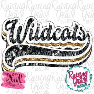 Wildcats Retro - Black and Gold Glitter - Sublimation Design - Digital Download - PNG
