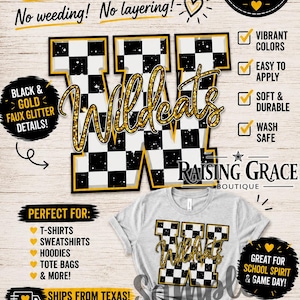 Ready To Ship - DTF (Direct To Film) Transfer - Ready to Press - W - Wildcats - Faux Sequins Checkerboard - Black / Gold / White