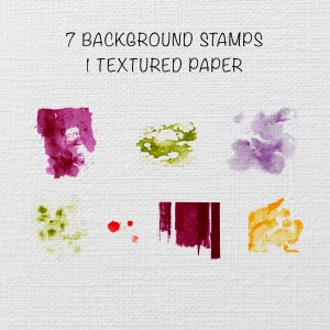May include: Seven watercolor background stamps in various colors, including purple, green, yellow, and red. The stamps are on a white textured paper background. The text "7 BACKGROUND STAMPS 1 TEXTURED PAPER" is written above the stamps.