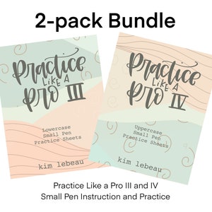May include: Two printable workbooks for practicing small penmanship. The first workbook is titled "Practice Like a Pro III" and focuses on lowercase letters. The second workbook is titled "Practice Like a Pro IV" and focuses on uppercase letters. Both workbooks have a peach and teal color scheme.