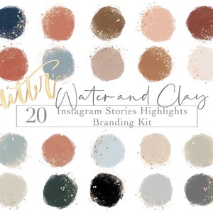 May include: A collection of 20 Instagram Stories Highlights branding kit icons. Each icon is a circle with a watercolor effect in various colors, including blue, brown, and pink, with gold glitter accents. The words "Glitter Water and Clay" are written in gold script.