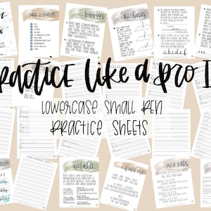 May include: A set of printable practice sheets for lowercase letters in a small pen style. The sheets are titled "Practice Like a Pro III" and feature a variety of exercises for practicing letter formation and spacing.