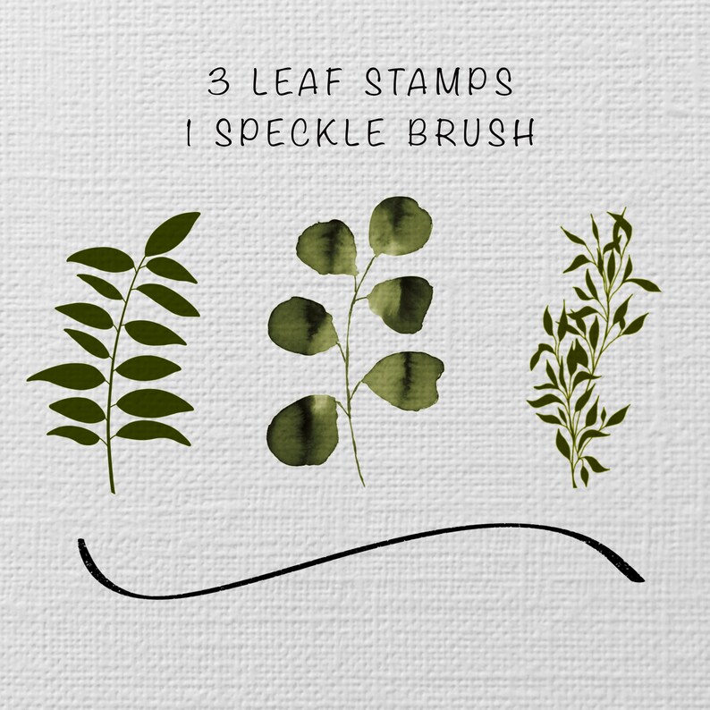 May include: Three green leaf stamps and a speckle brush. The leaf stamps are in different styles, including a fern, a eucalyptus, and a small branch. The speckle brush is a black line.