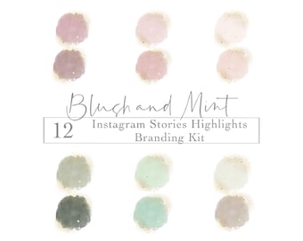 May include: Twelve watercolor circles in blush pink and mint green with gold glitter accents. These circles are designed for Instagram story highlights and are part of a branding kit.