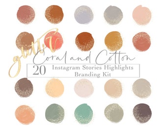 May include: 20 Instagram story highlight covers with a coral and cotton theme. The covers are round and have a textured, glittery look. The colors are a mix of peach, coral, brown, beige, and green.
