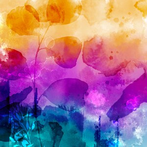 May include: Abstract watercolor painting with a blend of yellow, orange, purple, and blue hues. The painting features overlapping shapes and textures, creating a dynamic and layered effect.