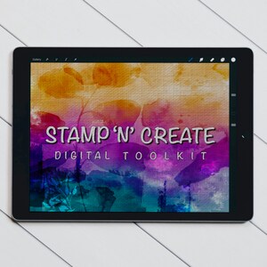 May include: A digital tablet screen displaying a colorful abstract background with the text "STAMP 'N' CREATE DIGITAL TOOLKIT".