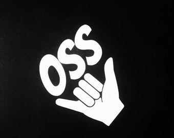 May include: White silhouette of a hand giving the shaka sign with the letters "OSS" in front of it on a black background.