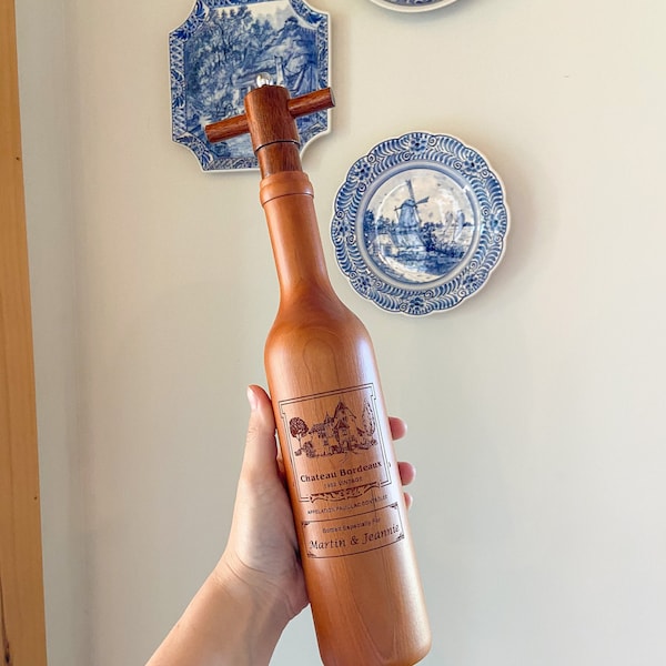 The Original Laser Engraved 14" "Wine Bottle" Cherry Wood Pepper Mill- Personalized