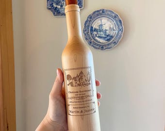 Personalized "Wine Bottle" shaped Pepper Mill made in USA from New England Maple Wood.