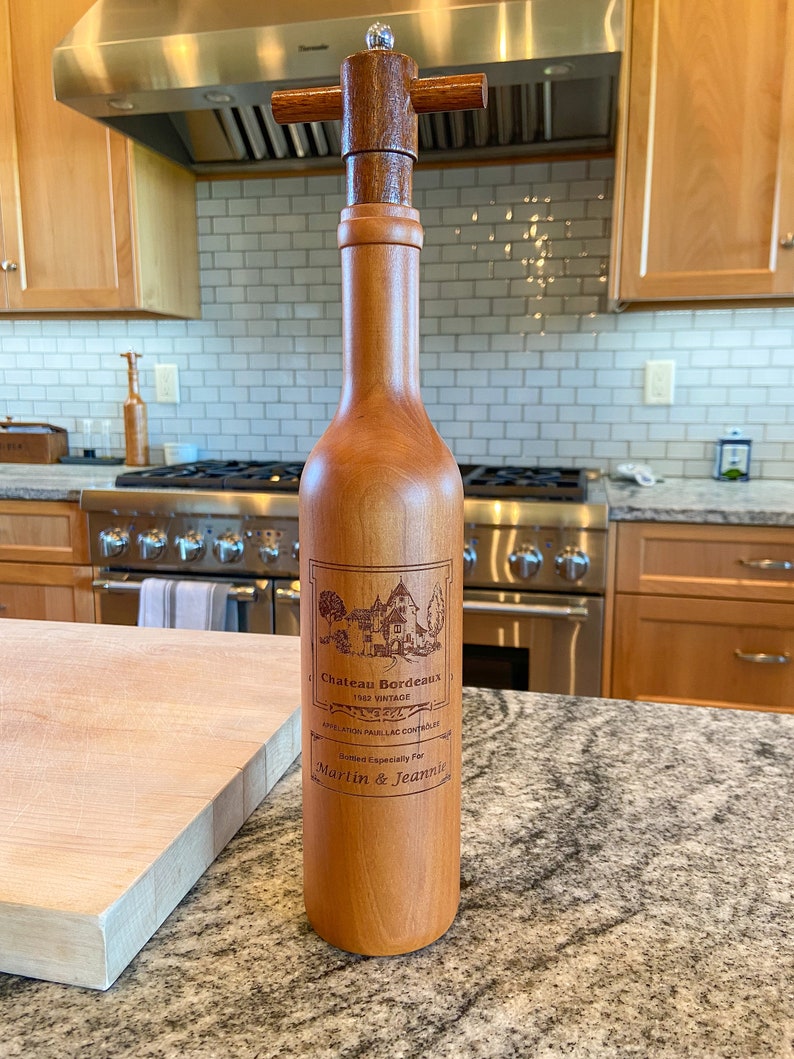 The Original Laser Engraved 14 Wine Bottle Cherry Wood Pepper Mill Personalized image 2