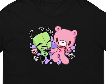Emo Bear and Doggy T-shirt | scenecore cartoon y2k early 2000s mall goth alt scene randomcore webcore punk grunge anime furry pink green