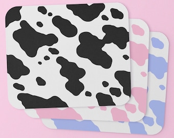 Cow Print Mouse Pad | aesthetic gamer desk setup | y2k cyber pink blue black white e-girl twitch pastel mcbling cowhide strawberry milk cute