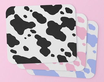 Cow Print Mouse Pad | aesthetic gamer desk setup | y2k cyber pink blue black white e-girl twitch pastel mcbling cowhide strawberry milk cute