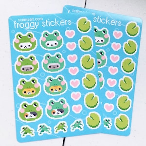 Froggy Cat Sticker Sheet | cute kawaii pixel art 8-bit green frog kitty lilypad fairy kei decora kidcore clowncore