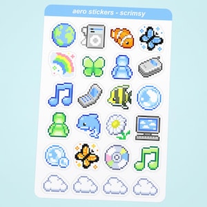 Frutiger Aero Sticker Bogen | y2k Anfang 2000 Cyber Schmetterling Blume Delphin Wolke blase Klapphandy blau grün Fisch aqua nostalgie alt Netz