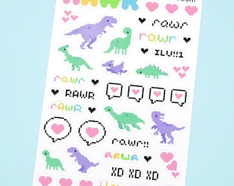 Rawr Dinosaur Sticker Sheet | rawr means i love you in dinosaur emo scene scenecore y2k early 2000s random XD old web pixel art kidcore