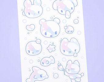 Bubble Friends Sticker Sheet | pastel pink kawaii cute frutiger aero bunny cat bear dolphin cyber y2k fairy kei decora kidcore clowncore