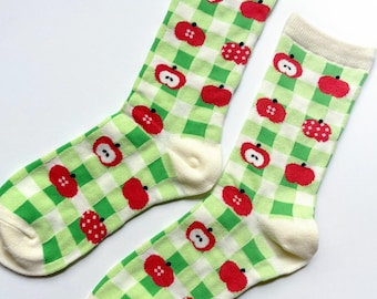 Gingham Apple Socks | green red fruit picnic autumn cottagecore polka dot igari y2k cutecore heisei retro juminocore whimsy twee kidcore