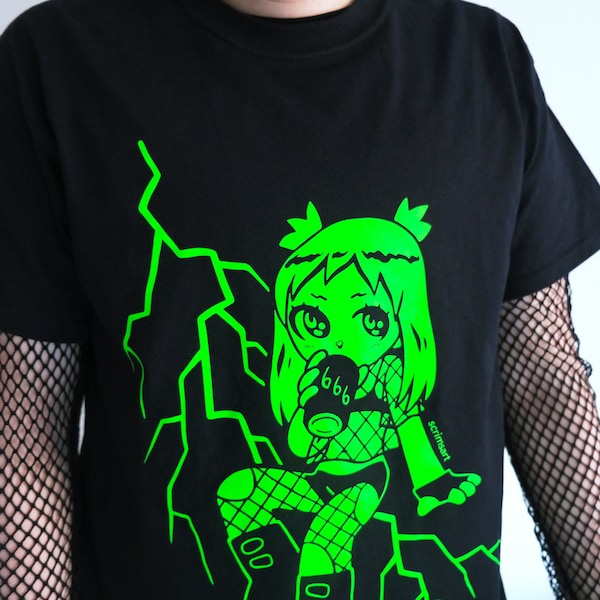 Neon Goth Girl T-Shirt | lime green black scenecore emo scene cyber raver y2k punk mall goth 666