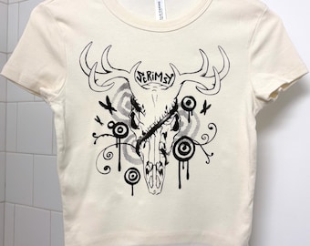 Deer Skull Baby Tee Shirt | handmade diy fashion | screenprinted t-shirt | y2k grunge centipede frutiger metro cyber fairy emo goth punk