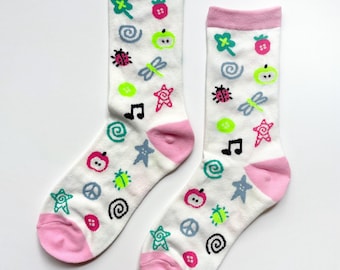 Clover Bug Socks | insect dragonfly ladybug apple clovercore strawberry button y2k frutiger aero cutecore heisei retro juminocore twee pink