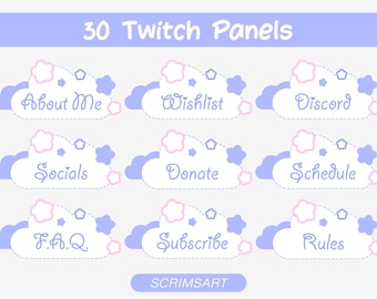 Cute Cloudy Twitch Panels | pastel blue aesthetic vtuber stream setup | minimalist baby pink kawaii clouds sky star celestial