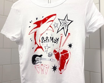 Shark Bait Baby Tee Shirt | handmade diy fashion | screenprinted collage t-shirt | y2k grunge punk emo
