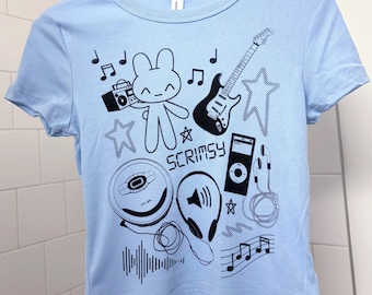 Audio Bunny Baby Tee Shirt | handmade diy fashion | screenprinted collage t-shirt | y2k frutiger aero cybercore bunny