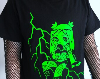 Camiseta gótica verde lima para chica / brat neón negro escenacore escena emo cyber raver y2k punk centro comercial gótico 666 charli
