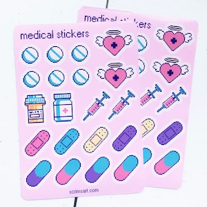 Medical Sticker Sheet | kawaii pastel pink cute pill bandage syringe needle medicine heart angel menhera fairy kei decora goth emo scenecore