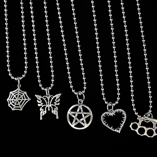 Mall Goth Chain Necklaces | handmade jewelry | pentagram butterfly brass knuckle spider barbed wire heart alt emo scene scenecore y2k grunge