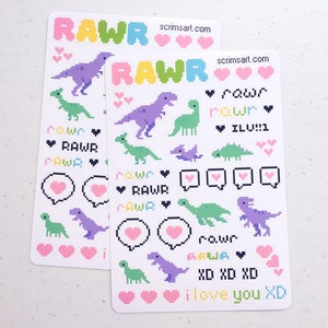 Dino Love Sticker Sheet | y2k retro meme pixel art 8-bit kidcore emo scenecore random dinosaur rawr rainbow