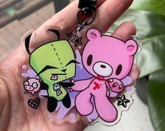 Emo Bear and Doggy Charms | cartoon y2k early 2000s mall goth scenecore alt scene randomcore webcore punk grunge anime furry pink green