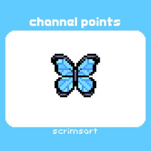 May include: A pixelated butterfly with light blue wings and black outlines is centered on a white rectangle. The words "channel points" are above the butterfly, and "scrimsort" is below, all in pixelated font, set against a light blue background.