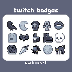 Puede incluir: Conjunto de insignias de Twitch en pixel art. Incluyen un cuervo, luna, ataúd, anj, labios, lápida, murciélago, poción, bota, calavera, rosa, daga, araña, luna y gato. Texto: "twitch badges" y "scrimsort".