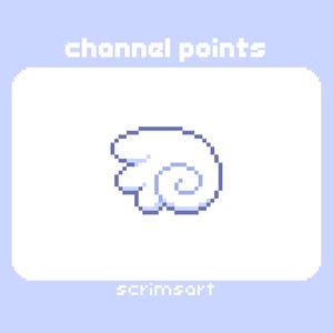 May include: A pixelated graphic with the words "channel points" at the top and "scrimsort" at the bottom. The graphic features a white cloud-like shape with a spiral design on a light blue background.