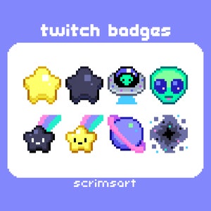 Op de afbeelding: Een set van acht Twitch-badges in pixel art met ruimtethema's, waaronder sterren, een ruimteschip, een alien en een zwart gat. De tekst "twitch badges" en "scrimsart" is ook in de afbeelding opgenomen.