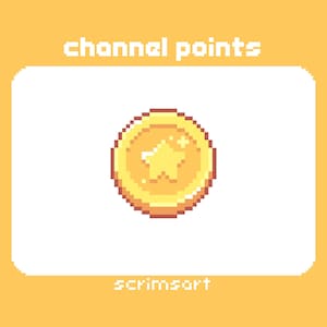 Puede incluir: Una ilustración de pixel art de una moneda de oro con una estrella amarilla en el centro. El texto "channel points" está por encima de la moneda y el texto "scrimsort" está por debajo de la moneda.
