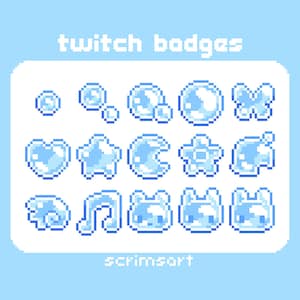 May include: A set of light blue pixel art Twitch badges, including bubbles, hearts, stars, and animal designs. The image also displays the text "twitch badges" and "scrimsort".