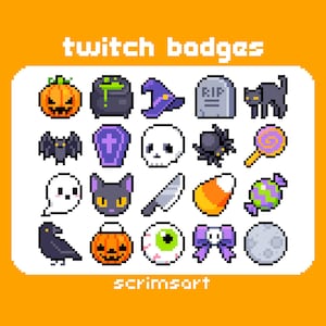 Puede incluir: Un conjunto de insignias de Twitch con temática de Halloween en pixel art. Las insignias incluyen una calabaza, un caldero, un sombrero de bruja, una lápida, un gato negro, un murciélago, un ataúd, una calavera, una araña, una piruleta, un fantasma, un cuchillo, un caramelo y un ojo.