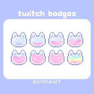 Könnte beinhalten: Satz von acht Twitch-Abzeichen in Pixel-Art mit einem niedlichen Cartoon-Charakter mit verschiedenen farbigen Flüssigkeiten im Inneren. Der Text "twitch badges" und "scrimsart" ist ebenfalls im Bild enthalten.