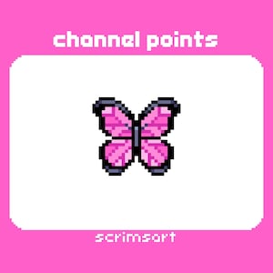May include: A pixelated butterfly with pink wings and black outlines is centered on a white background. The words "channel points" are above the butterfly in pixelated text, and "scrimsort" is below. The background is a light pink.