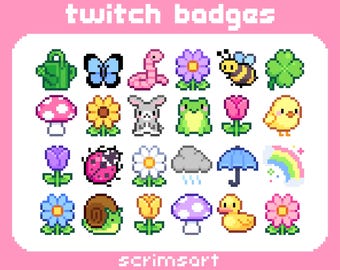Frühling Garten Twitch Sub Badges, Bit Badges | Pixel Kunst Blume Gänseblümchen niedlich kawaii Pflanze Kleeblatt Häschen Schmetterling Cottagecore Gärtnerei