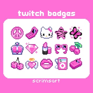 McBling Twitch Sub Badges, Bit Badges | hot pink pixel art cute kawaii butterfly flip phone diamond crown lips y2k girly scene emo 2000s
