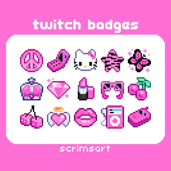 McBling Twitch Sub Badges, Bit Badges | hot pink pixel art cute kawaii butterfly flip phone diamond crown lips y2k girly scene emo 2000s