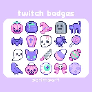 Puede incluir: Un conjunto de insignias de Twitch con temática de Halloween en pixel art. Las insignias incluyen una calabaza, un caldero, un sombrero de bruja, una lápida, un gato negro, un murciélago, un ataúd, una calavera, una araña, una piruleta, un fantasma, una cara de gato, un cuchillo, un caramelo de maíz, un caramelo envuelto, un cuervo, un ojo, un lazo y una luna. El texto dice "twitch badges" y "scrimsort".
