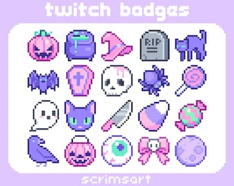 May include: A collection of pixel art Halloween-themed Twitch badges. The badges include a pumpkin, cauldron, witch hat, tombstone, black cat, bat, coffin, skull, spider, lollipop, ghost, cat face, knife, candy corn, wrapped candy, raven, eyeball, bow, and moon. Text reads "twitch badges" and "scrimsort".