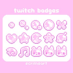 May include: A collection of pink pixelated Twitch badges in various shapes, including bubbles, hearts, stars, and animals. The text "twitch badges" and "scrimsort" are displayed in white pixelated font on a pink background.