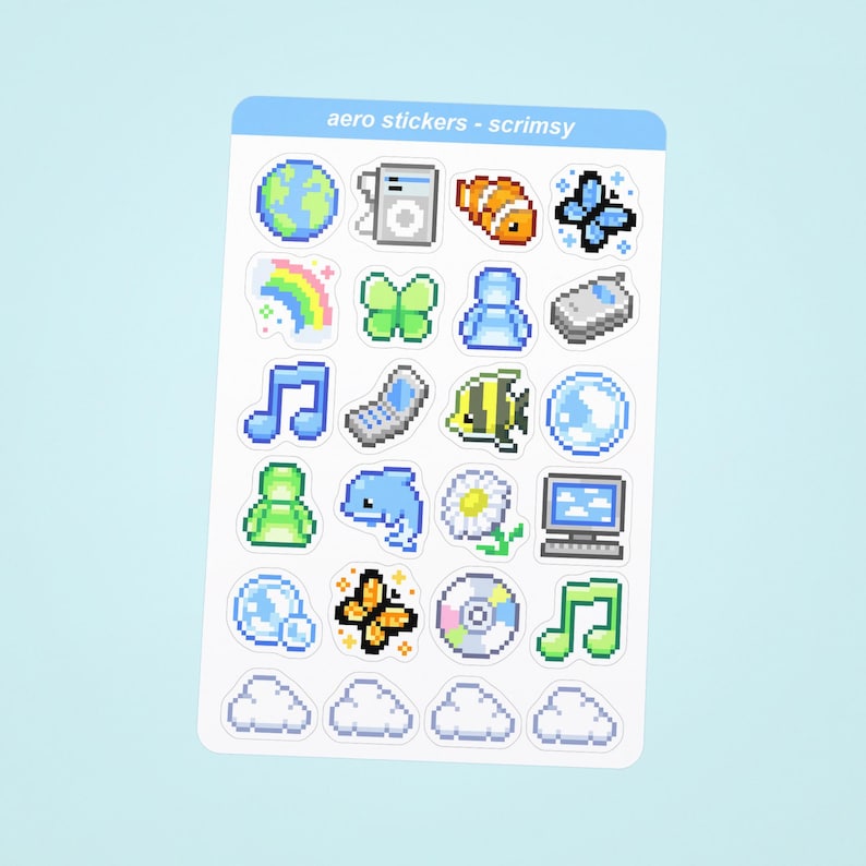 K&ouml;nnte beinhalten: Ein Stickerbogen mit pixeligen Symbolen wie Globus, Kamera, Fisch, Schmetterlingen und Wolken. Der Text "aero stickers - scrimsy" steht oben. Die Aufkleber sind in Blau-, Gr&uuml;n-, Orange- und Gelbt&ouml;nen gehalten.